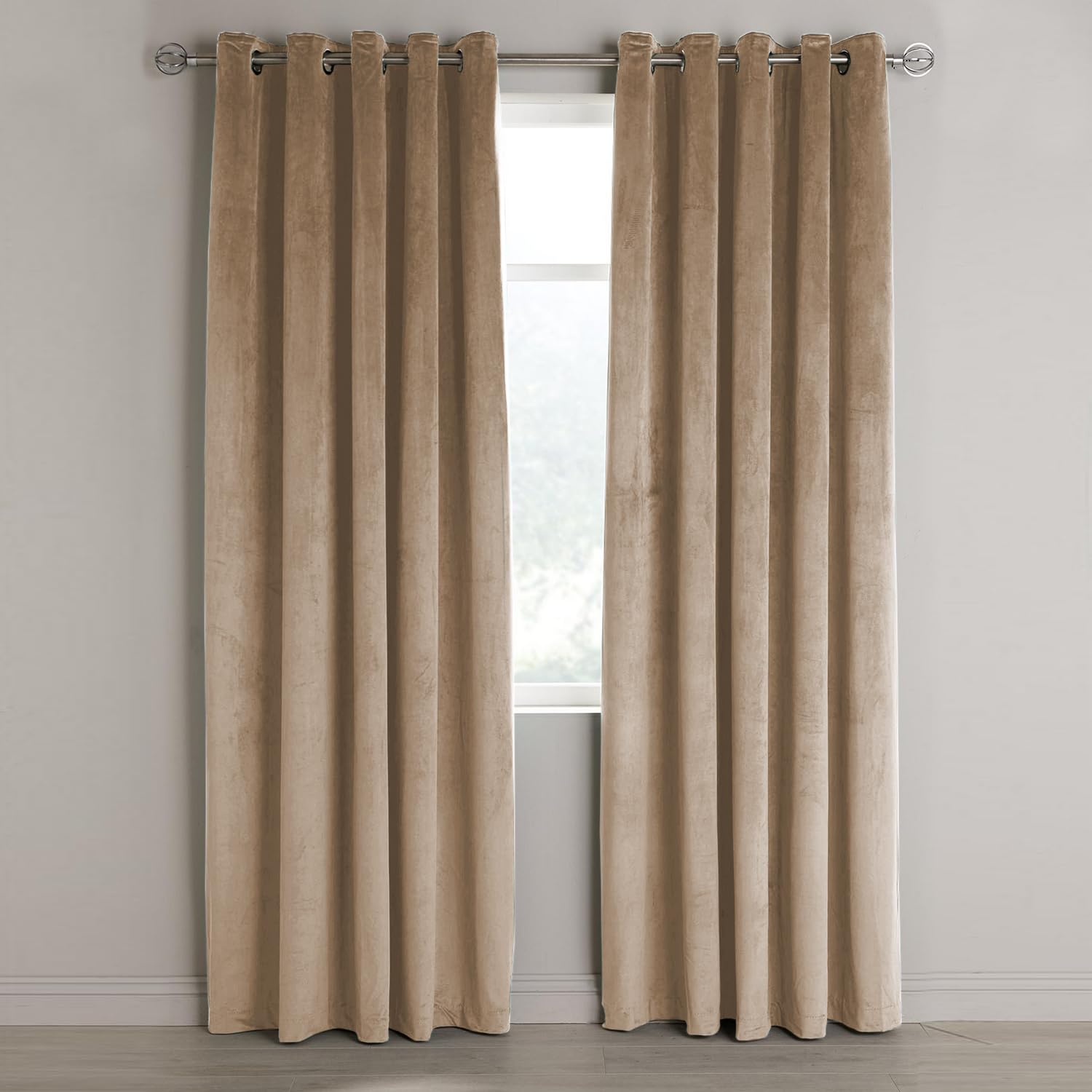 Aspire Homeware Beige Eyelet Curtains 66x54 (2 Panels) with Tie Backs - Fully Lined Velvet Curtains for Bedroom, Window Curtain for Living Room (168cm x 137cm)