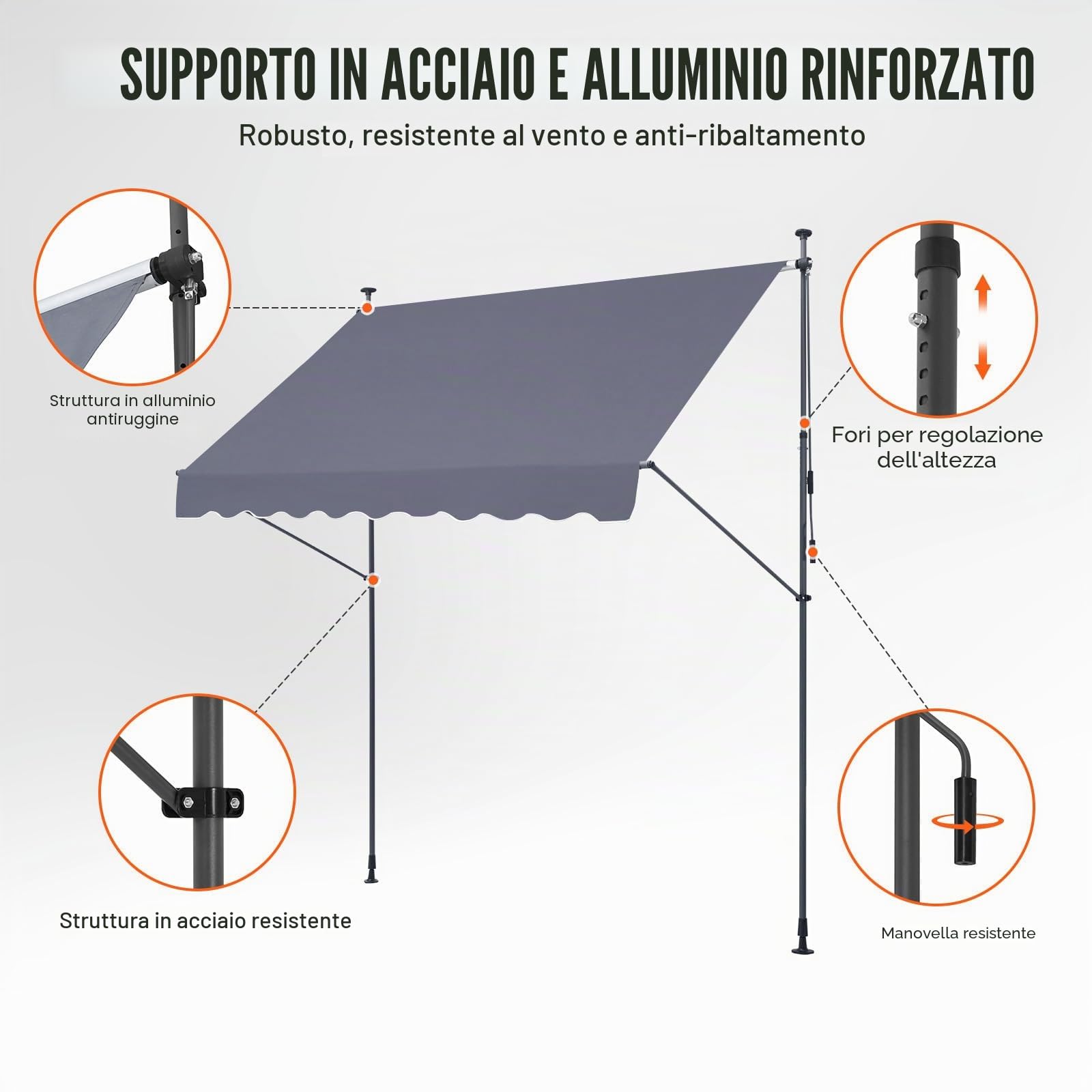 VEVOR Tenda da Terra Retrattile 250 x 120 cm Tenda Manuale con Manovella, Altezza Regolabile 218-310 cm Tenda da Sole per Balcone Esterno Resistente ai Raggi UV, per Terrazza/Balcone/Cortile, Grigio