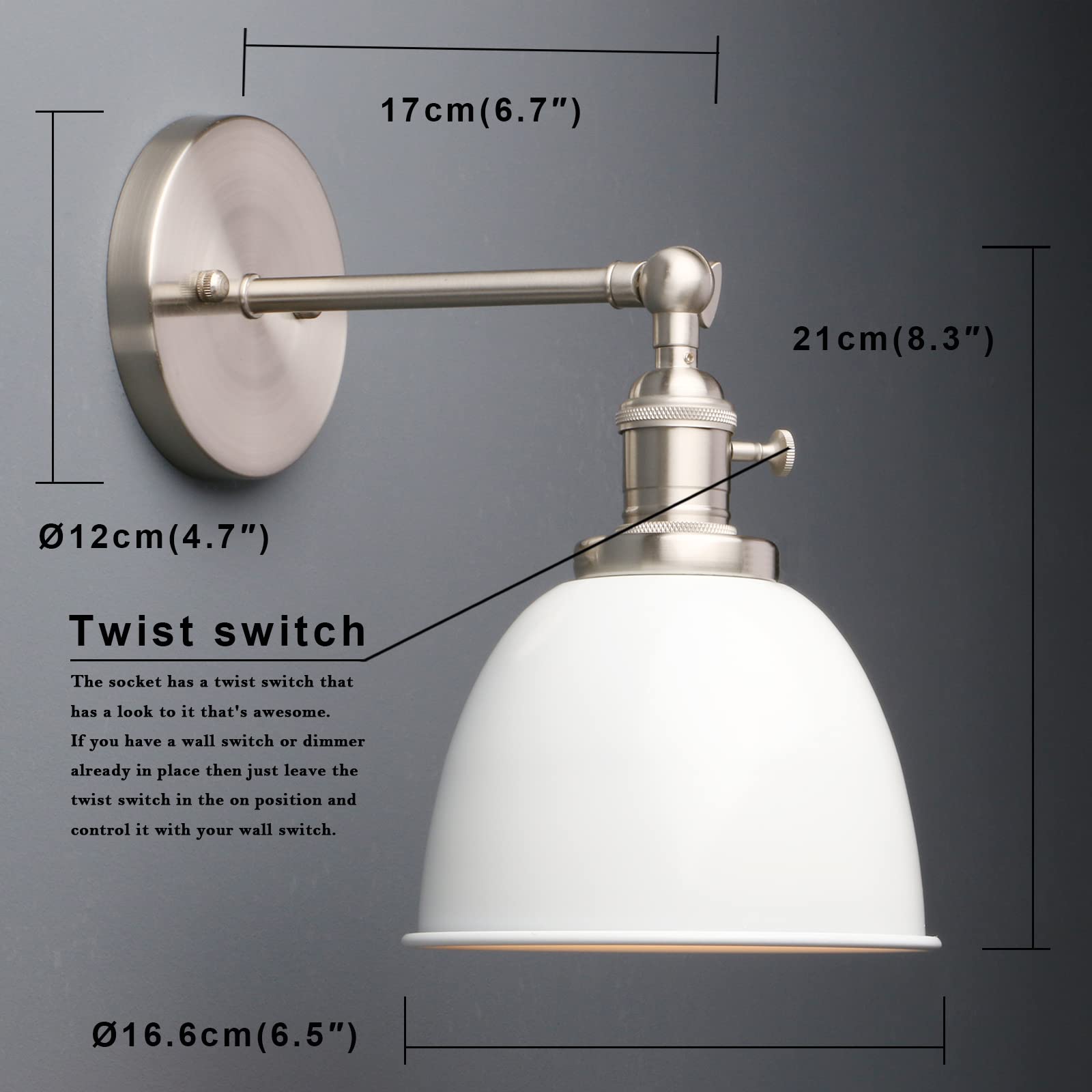 Phansthy 2 Stücke Wandleuchte mit Metall-Schirm Wandlampe Industrial Design, Innen Vintage Loft-Wandlampe E27 max. 40W für Wohnzimmer Schlafzimmer Büro Küche Flur (Weiß)