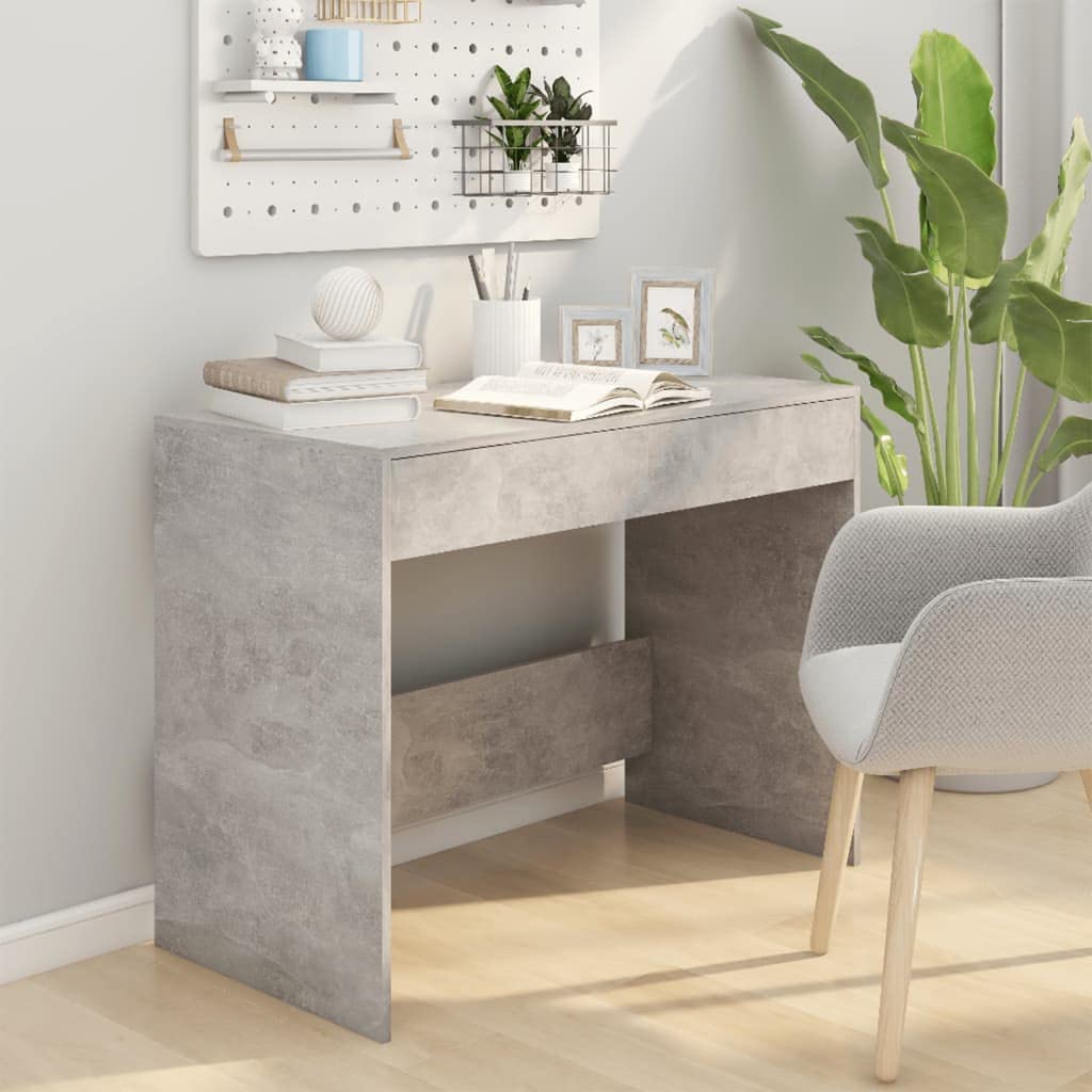 Scrivania grigio cemento, 101 x 50 x 76,5 cm, in legno con 2 cassetti, robusto tavolo da lavoro per ufficio e casa, piano stabile per monitor e accessori, semplice