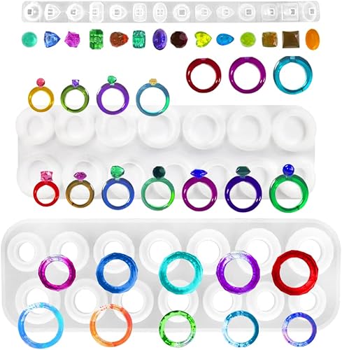 SENHAI 3 moldes para anillos de resina epoxi, moldes de silicona para anillos de diamante, con cara redonda y rómbica de diferentes tamaños, molde