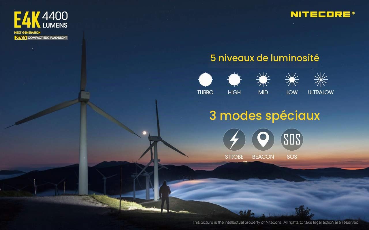 Nitecore E4K Lampe Torche - LED Ultra Puissante 4400 Lumens - Lumière Blanche - Lampe De Poche Étanche IP68 ([ Batterie Li-Ion 21700 USB C Rechargeable Inclus ])
