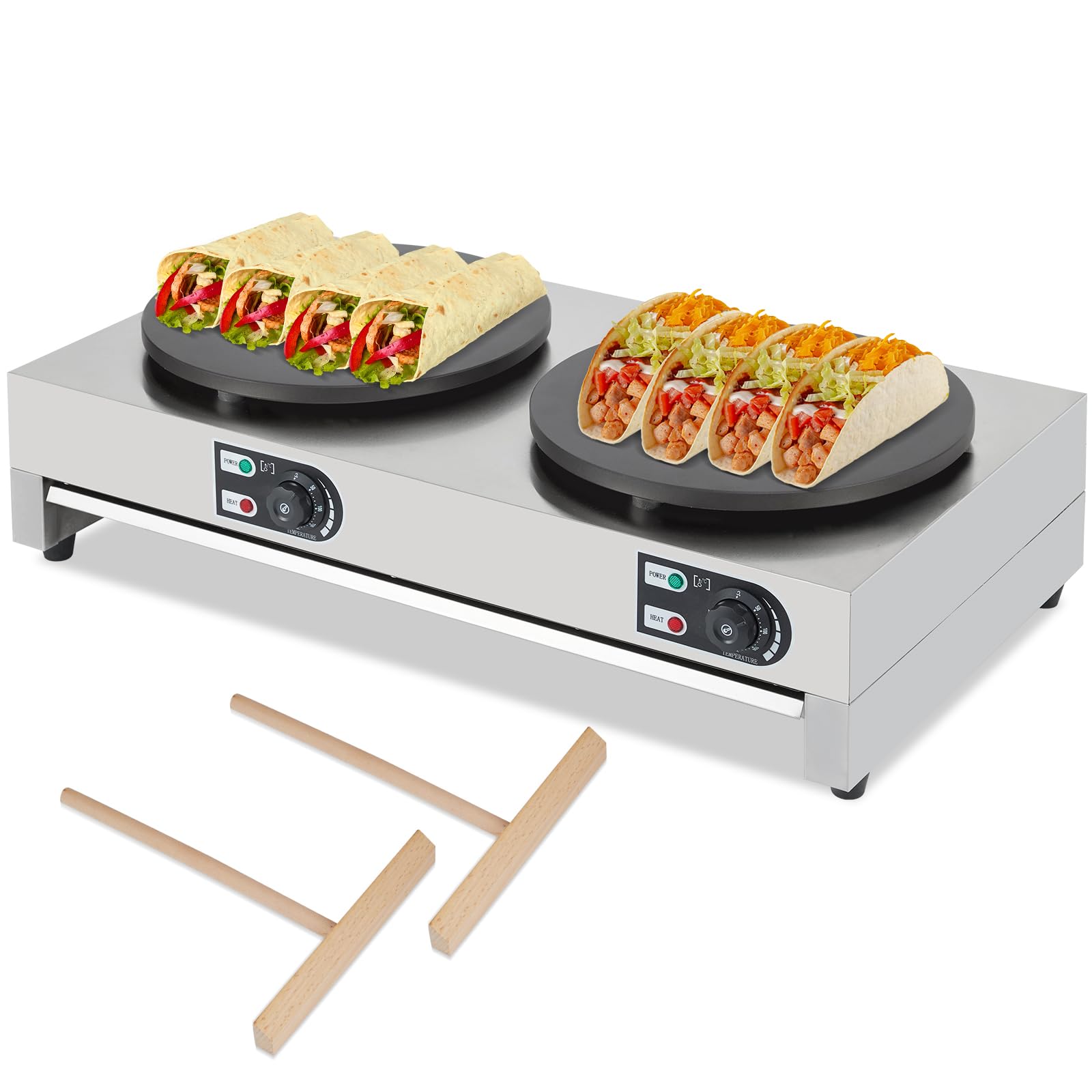 Takywep 16" Commercial Electric Crepe Maker, 1500W+1500W Double Plate Pancake Maker Griddle, Adjustable Temp Control 110V Electric Crepe Machine for Blintzes, Eggs, Bacon
