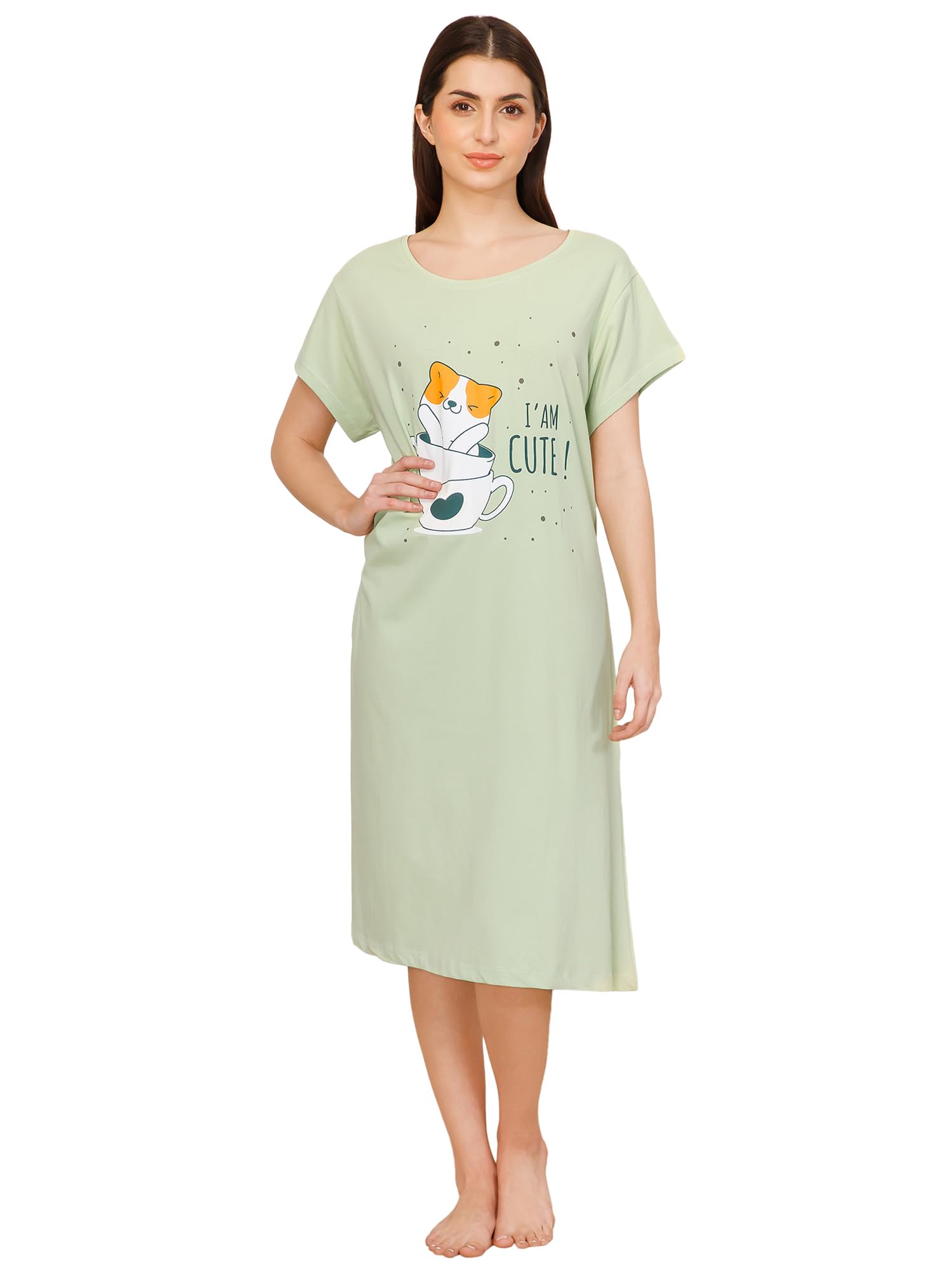Mushy Mod Women's Cotton Chest Quote Print Knee Length Night Dress/Night Gown/Short Nighty - MM-3101-1
