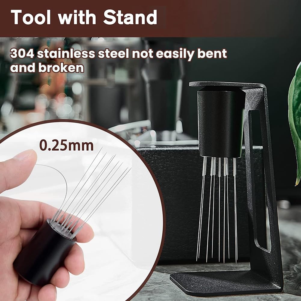 sdhiiolp WDT-tool Espresso naaldpen design koffiedistributeur met 8 vervangende naalden Espresso verdeler met magnetische standaard Koffie distributeur Espresso accessoires Zwart
