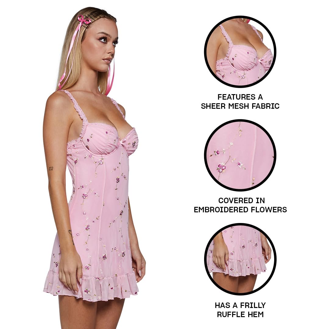 Dolls Kill I'm Baby Mini Slip Dress by Sugar Thrillz - Mesh Dress with Ruffle Hem and Embroidered Flowers: Small Light Pink