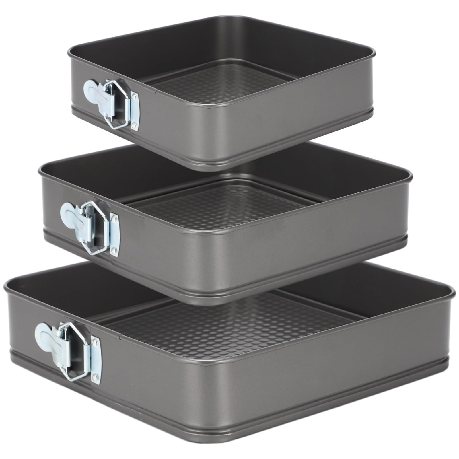 3 Springformen (2,9/25,4/27,9 cm), quadratische Kuchenformen, antihaftbeschichtet, Käsekuchenformen mit abnehmbarem Boden, auslaufsicheres Backgeschirr aus Karbonstahl