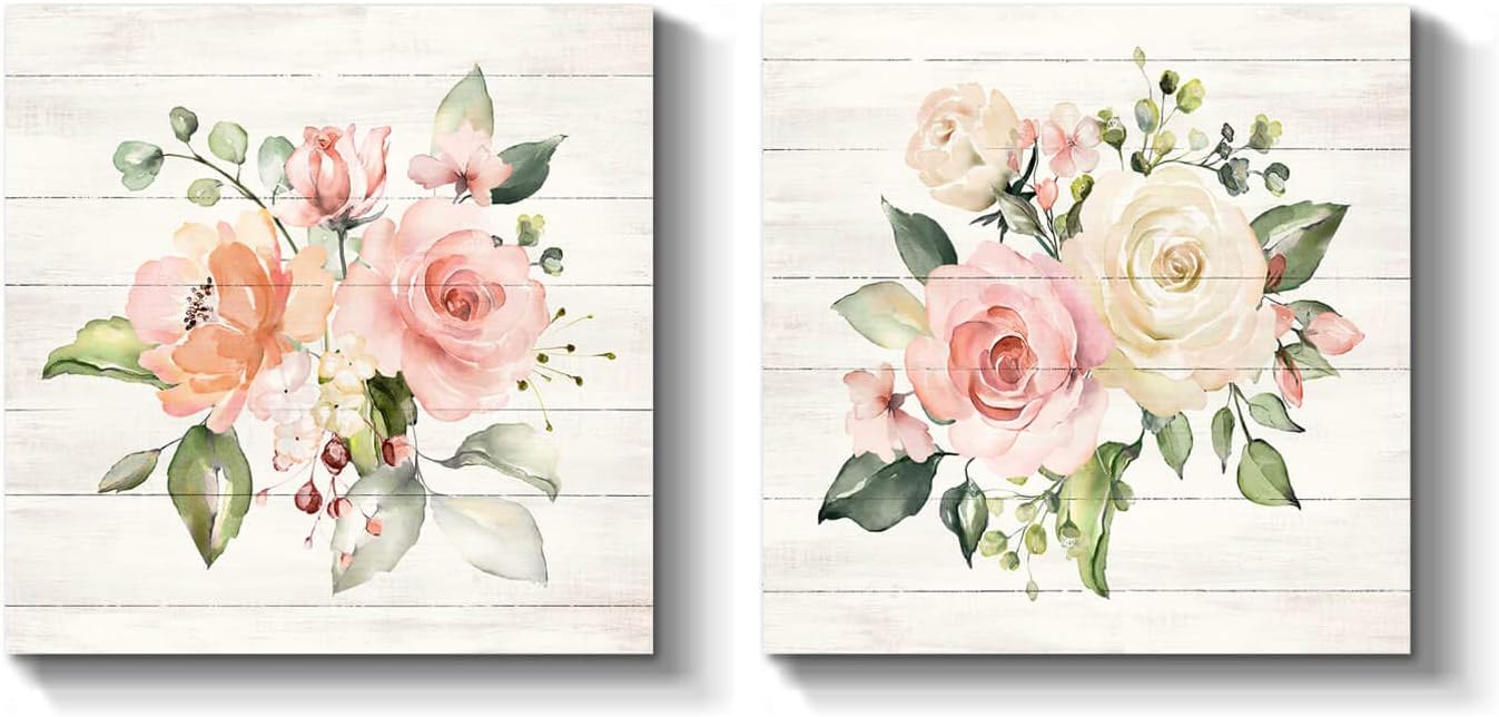 Flowers Picture Wall Art Print: Floral Painting Blossom Artwork on Wrapped Canvas for Bedroom (12" x 12" x 2 PCS, Multiple Sizes/Material)