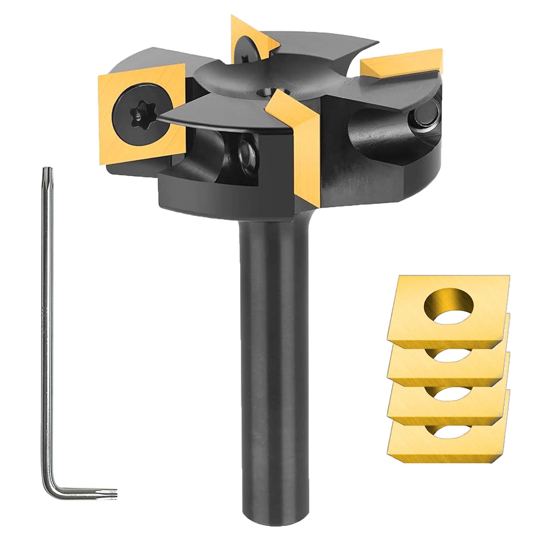 SpeTool Frez czołowy 8 mm do frezarki górnowrzecionowej o średnicy 40 mm, z 4 wymiennymi nożami z twardego metalu (10,5 mm x 10,5 mm x 2,2 mm), płytki dwustronne, spoilboard, 4 flety, frez czołowy CNC