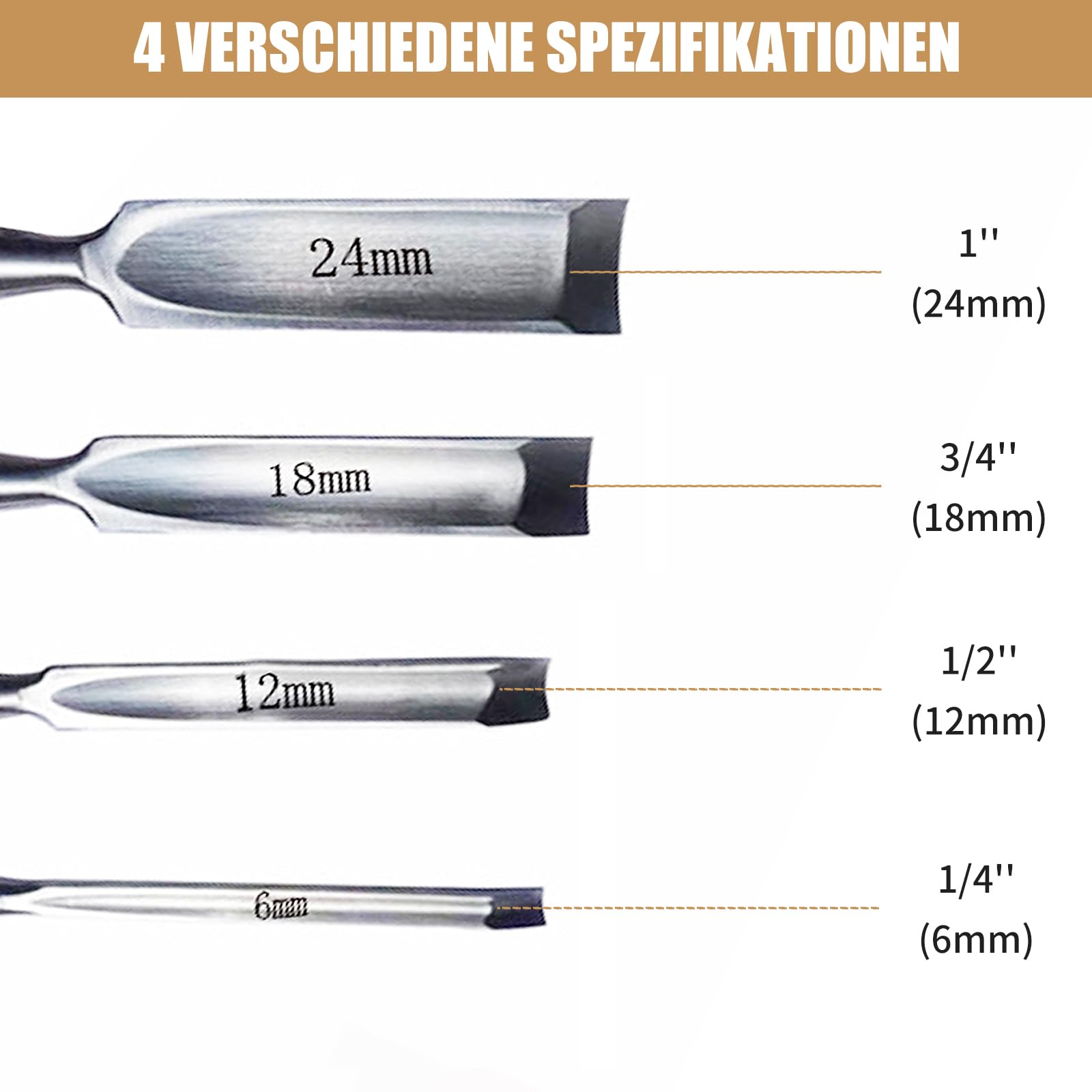 Set di 4 scalpellini per legno, rotondi, curvi, in acciaio CR-V, bordo semicircolare da 8 mm, 12 mm, 18 mm, 24 mm, per lavori manuali (bordo interno)