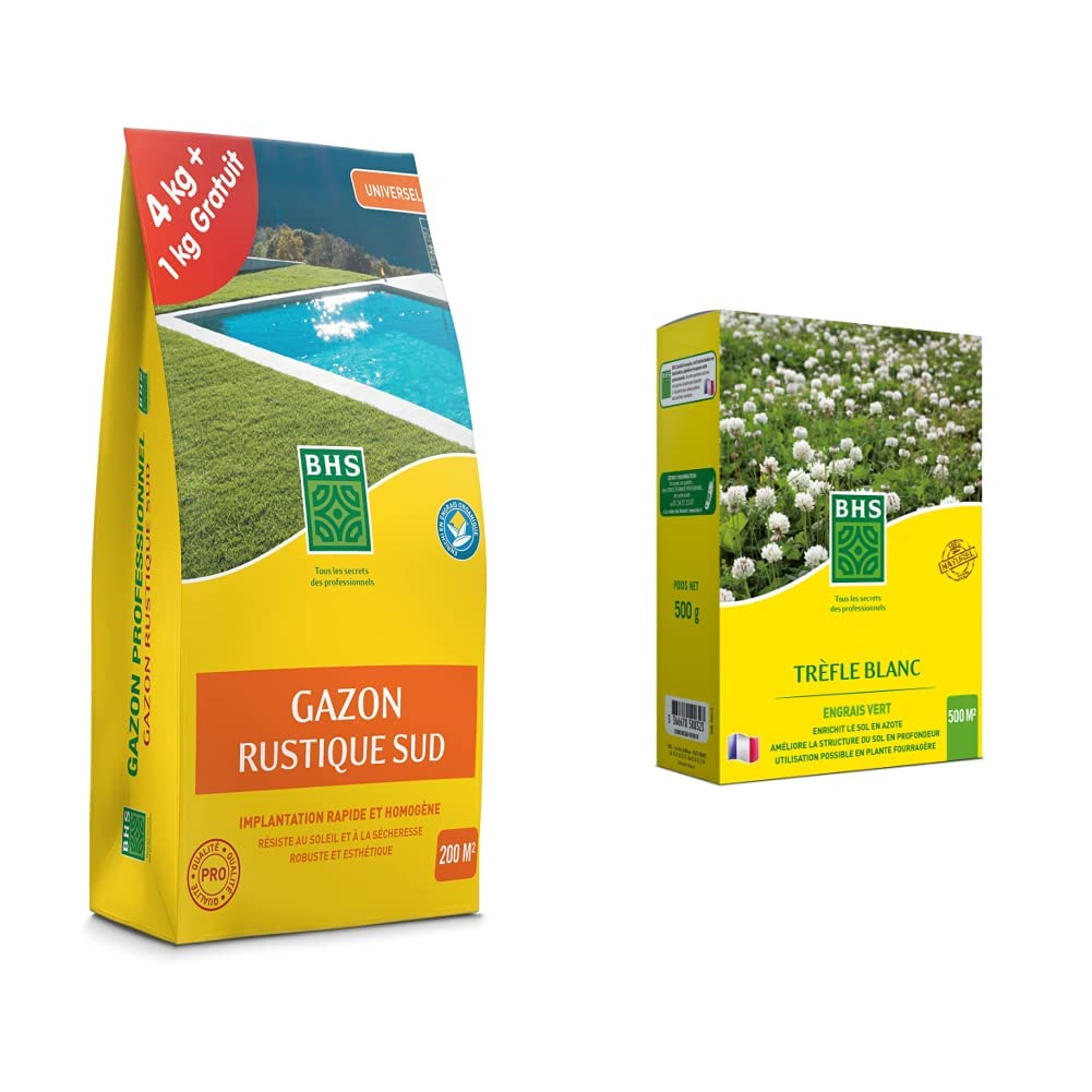 BHS GRSP4 Gazon Rustique Sud 5 kg | Soit 200 m² | Semences Enrichies en Engrais Organique pour Une Implantation Rapide Et Homogène & TRE500 | 500g | 500 m² | Trefle Blanc | Favorise la biodiversité
