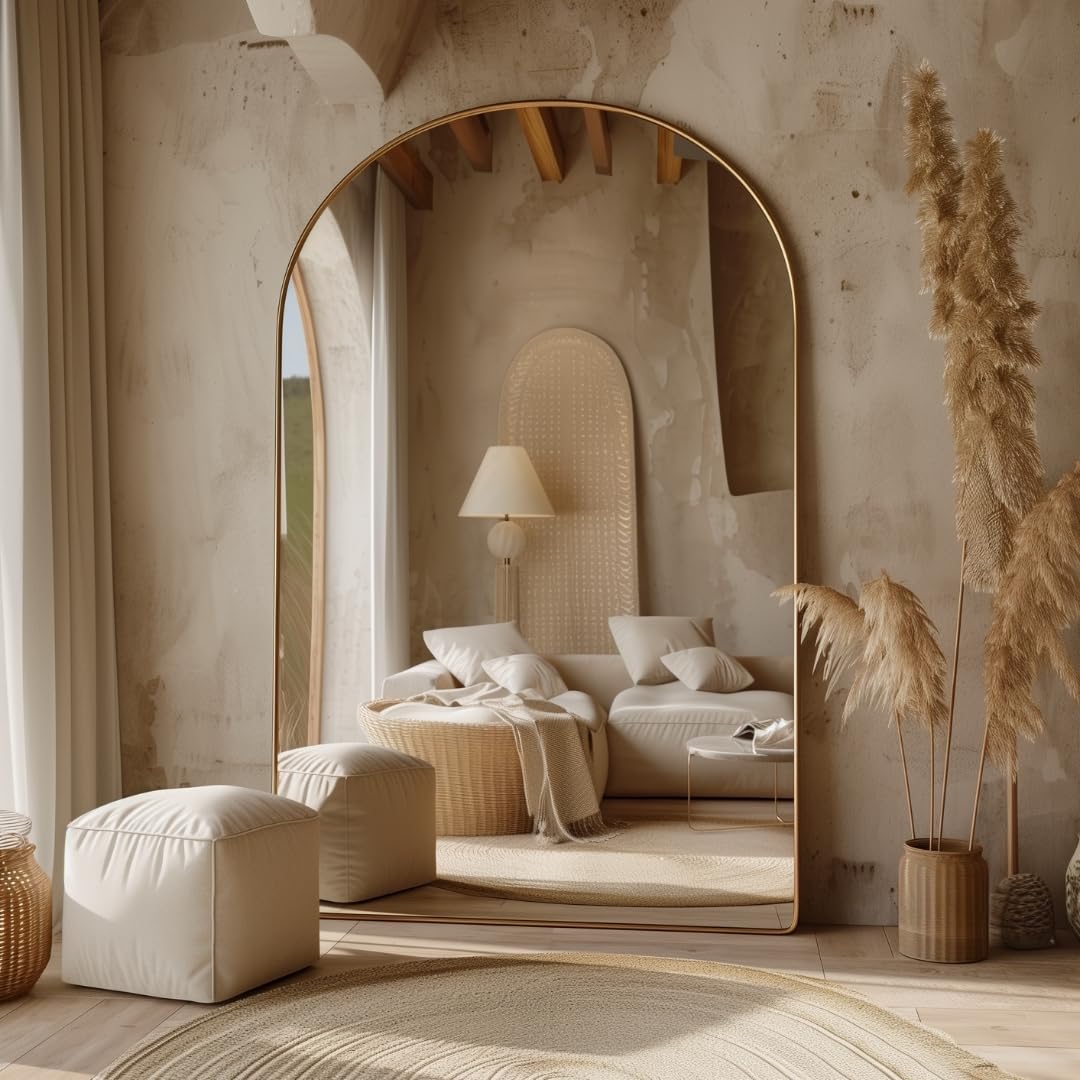 Oversized Arched Mirror 70x39 - Gold Thin Frame, Explosion-Proof Glass, Full-Length