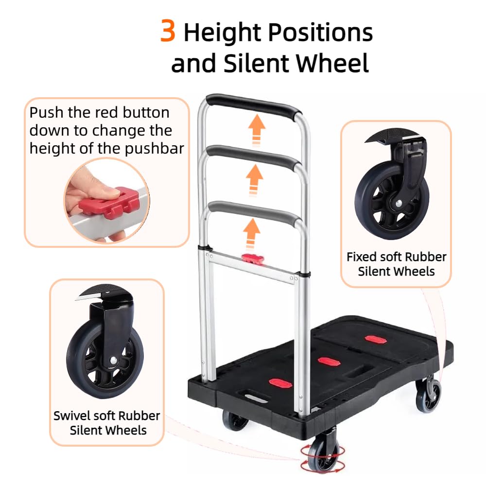 Carro de mano plegable, carrito de equipaje resistente de 330 libras, carrito de plataforma portátil con asa ajustable para automóvil, equipaje, personal, viajes, mudanzas y uso en la oficina