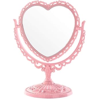 Queen-b Heart Shaped Tabletop Mirror, 360 Degree Rotation, Double Sided, Antique Style, Stand Mirror, Makeup, Beauty, Cute, Princess Desk, Pink
