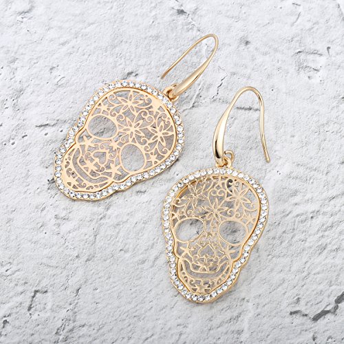 Dangle Earring For Women,Skull Drop Earring Girls Gold And Silver Earrings With Cz Crystal Stainless Steel Hook Earring (Gold Plated) #TOP3
