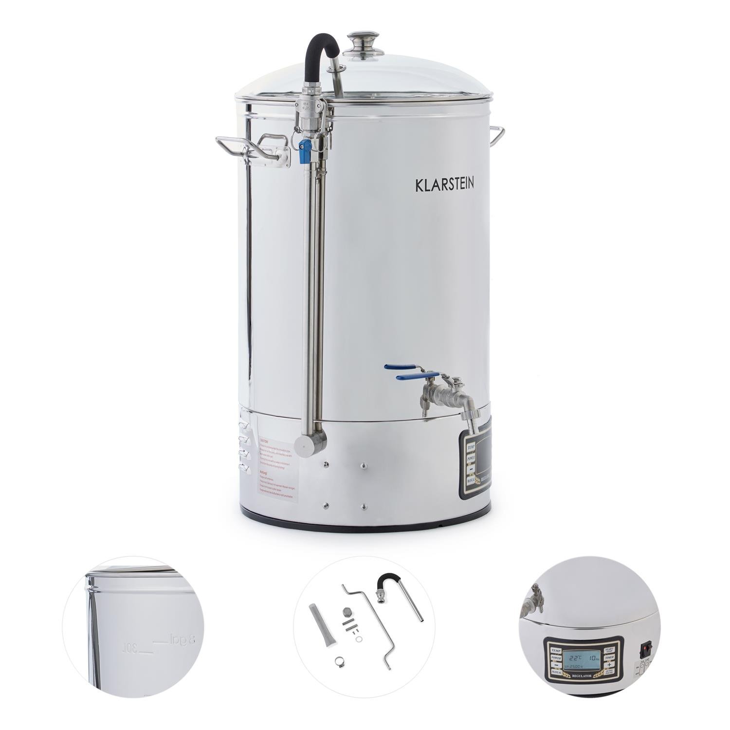 Klarstein Mundschenk & Eintauchkühler Bierbrauanlagen-Set - 2 Teile: Maischekessel + Eintauchkühler, Leistung: 2500W, Kessel-Volumen: 30 l, LCD-Display mit Touchfeld, Umwälzpumpe, 304 Edelstahl
