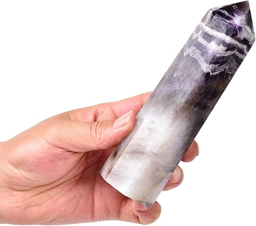 Miniatura 3 de AMOYSTONE Torre de cristal grande, amatista natural de ensueño, 6 obeliscos facetados, varita de pilar de cristal curativo, hexagonal, puntiaguda,