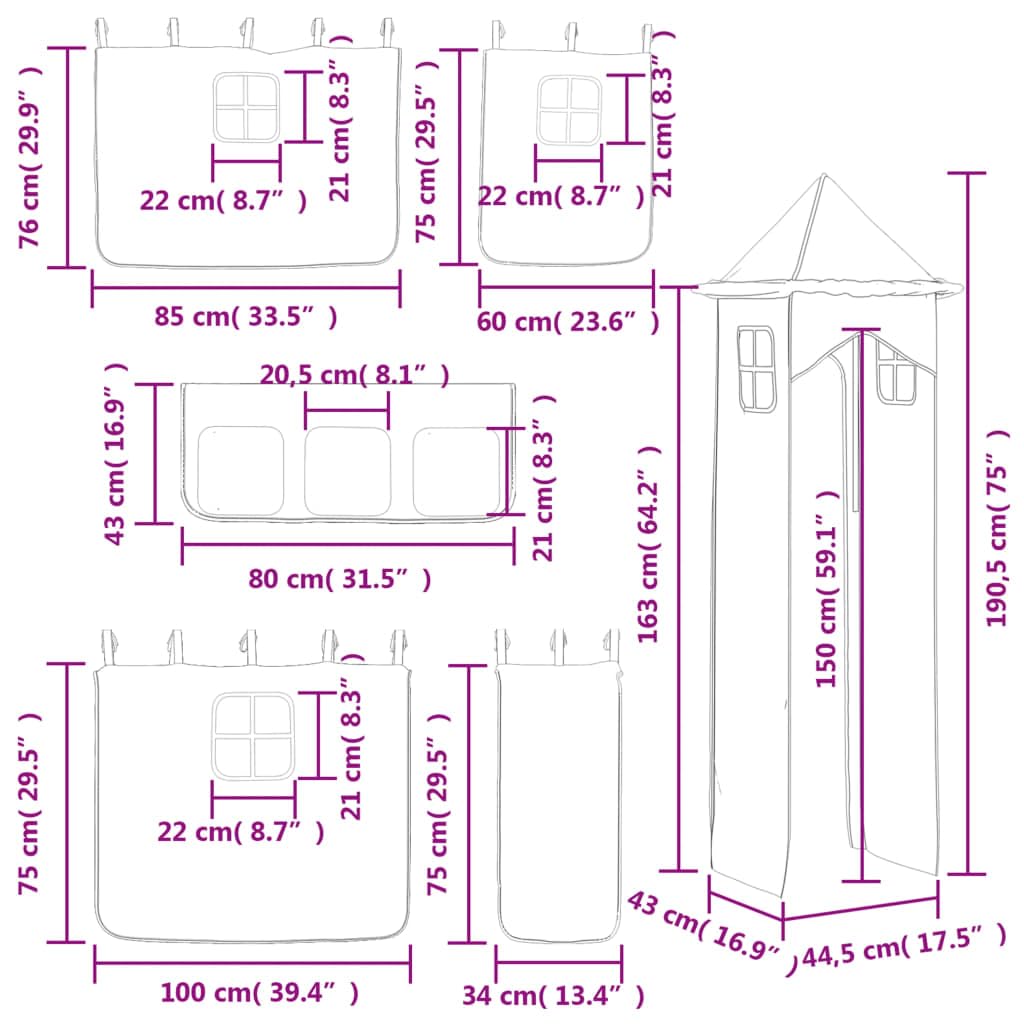 Mangloder Vorhänge für Hochbett mit Turm, Weiß und Schwarz, 100% Polyester, 6-teiliges Set mit 3 Taschen, 190,5 cm Turm, für Kinderzimmer, leicht zu befestigen und ordentlich verstaut