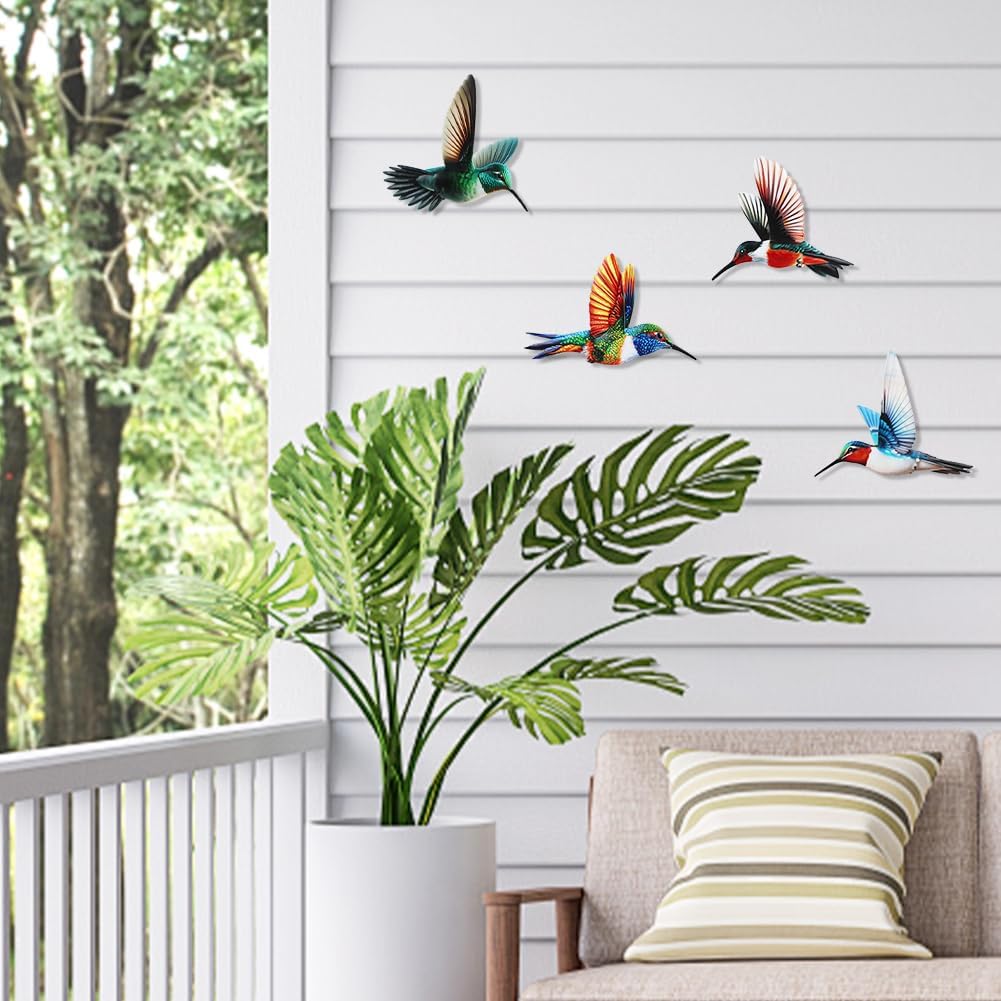 4 Pack Metal Hummingbird Wall Art Garden Decor, Birds Outdoor Wall Art Yard Patio Fence Decoration, 3D Colorful Bird Wall Hanging Sculpture Outside Livingroom Gift for Women Mom
