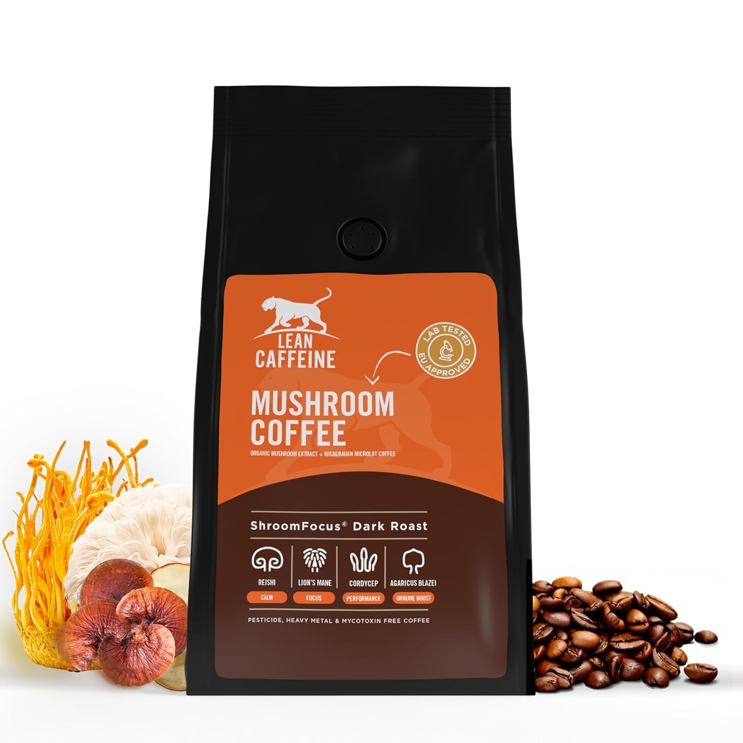 Mushroom Coffee Gemahlen 412g | Löwenmähne/Reishi/Cordyceps/Agaricus Blazei | Pestizide, Schwermetalle und Mykotoxinfreier dunkler gerösteter kugelsicherer Kaffee | 23+ starke Kaffeeportionen