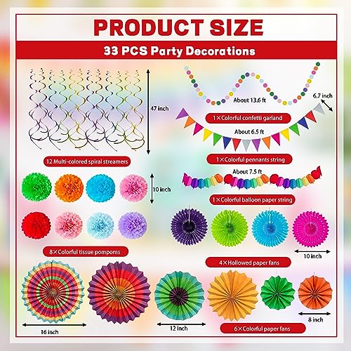 Image of Fiesta Party Decorations Set 33Pcs, Multi-Color Cinco De Mayo Hanging Paper Fans, Paper Pom Poms, Pennant, Garland String and Banner for Fiesta, Cinco de Mayo, Birthday, Wedding or Mexican Party