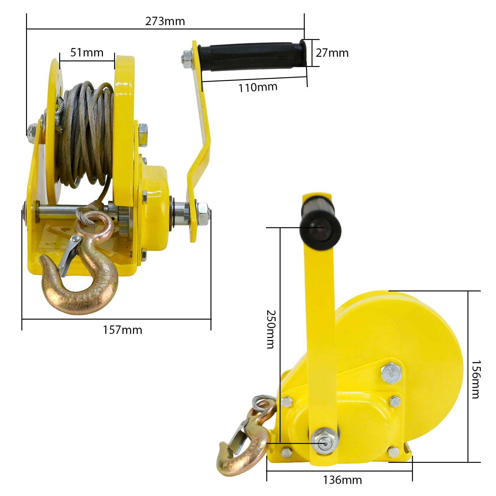 Verricello Manuale 1200lb Argano Manuale con Freno Automatico Argano per Rimorchio Auto Barca Gru Strumento con Cavo in Acciaio da 10m per Traino, Sollevamento, uso Esterno