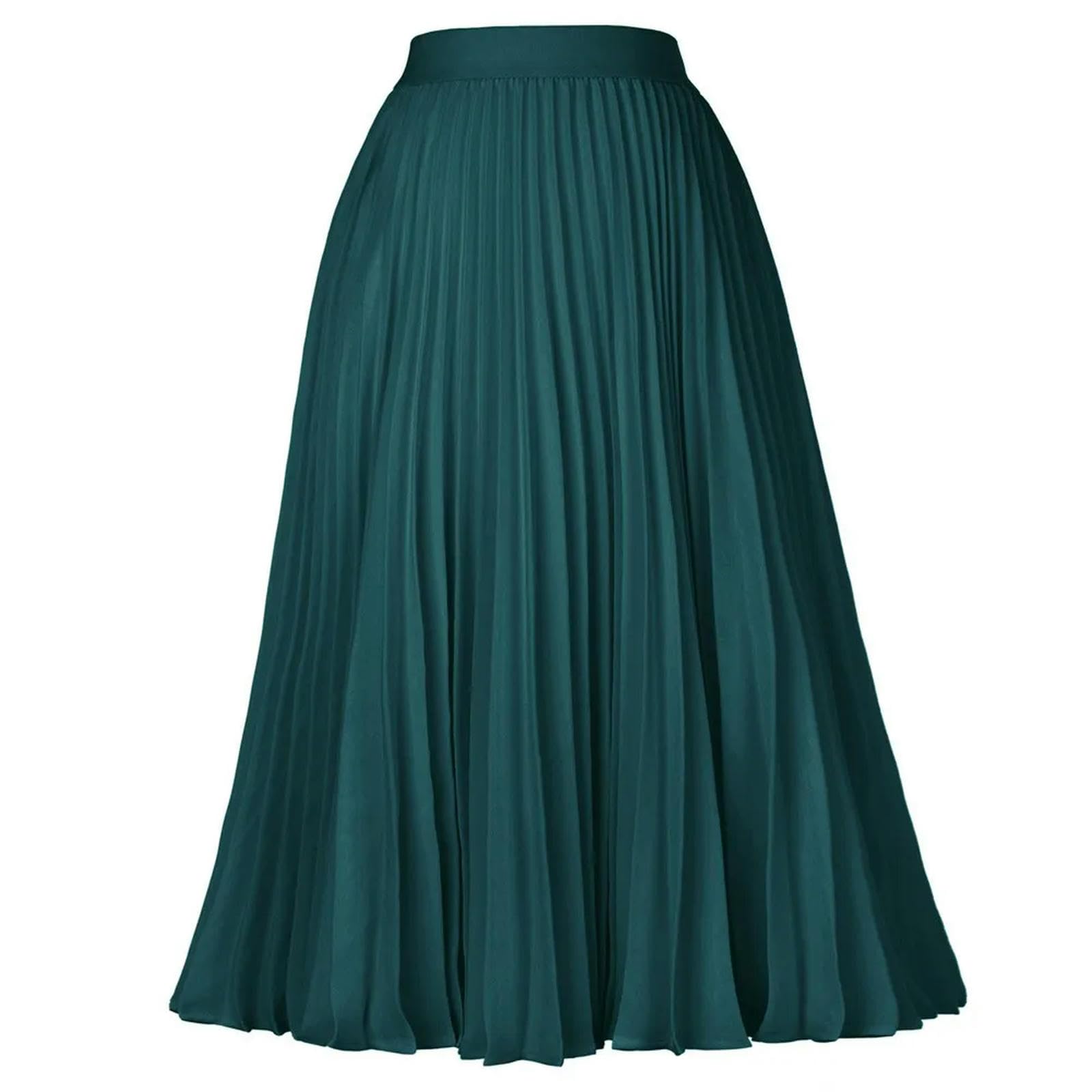Gonna Midi in Maglia a Costine a Trapezio Svasata a Pieghe a Vita Alta da Donna Gonna Longuette con Vita Elasticizzata al Ginocchio da Donna-Verde nerastro-S