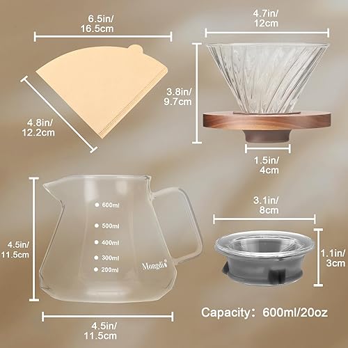 Miniatura 6 de Mongdio Cafetera de vidrio borosilicato de alto calor V60 de 20 onzas con 100 filtros de papel, juego de cafetera de goteo 5 en 1 para el hogar,