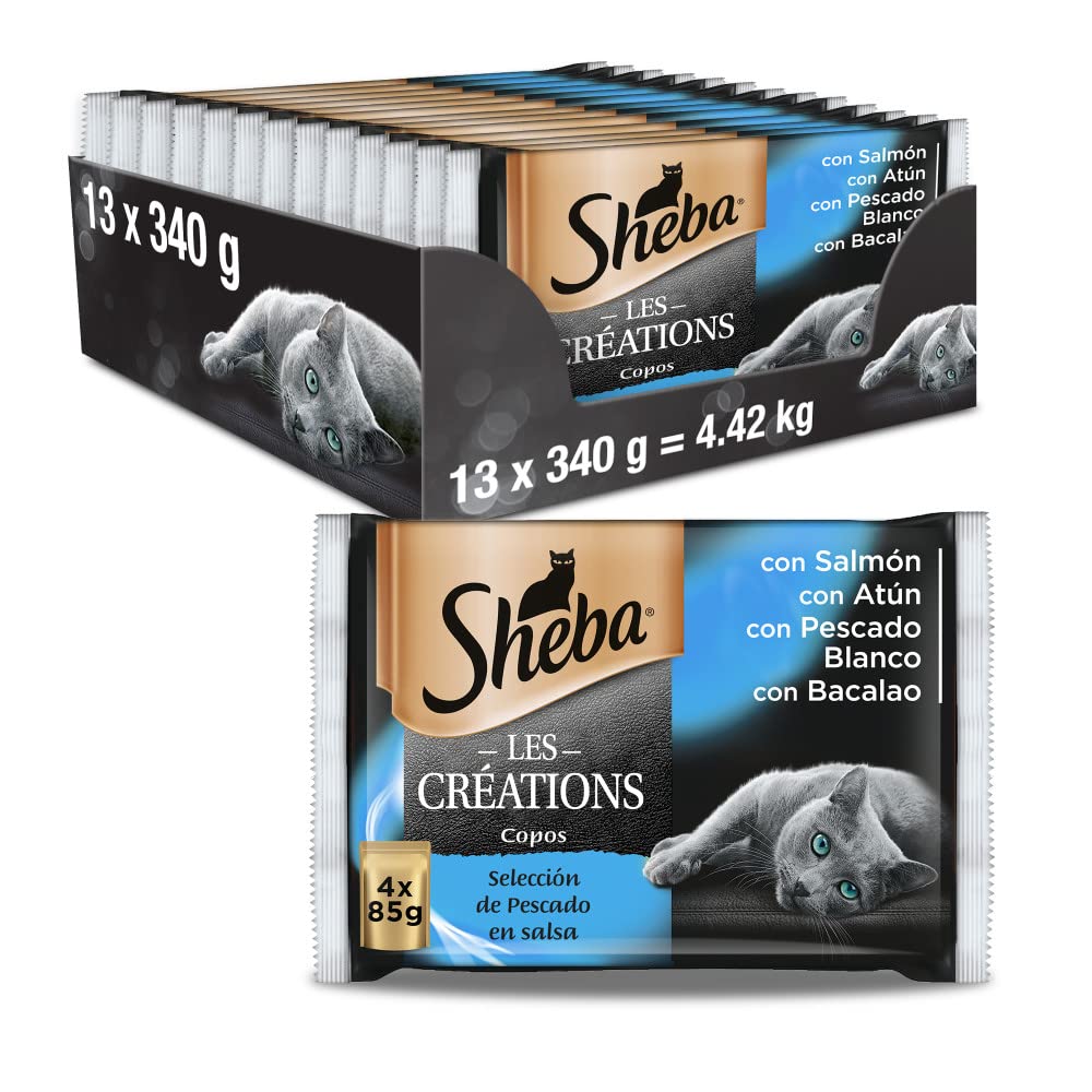 Sheba Les Créations Comida Húmeda para Gatos en salsa, Sabor Pescado, Multipack (Pack de 13 x 4 bolsitas x 85g)