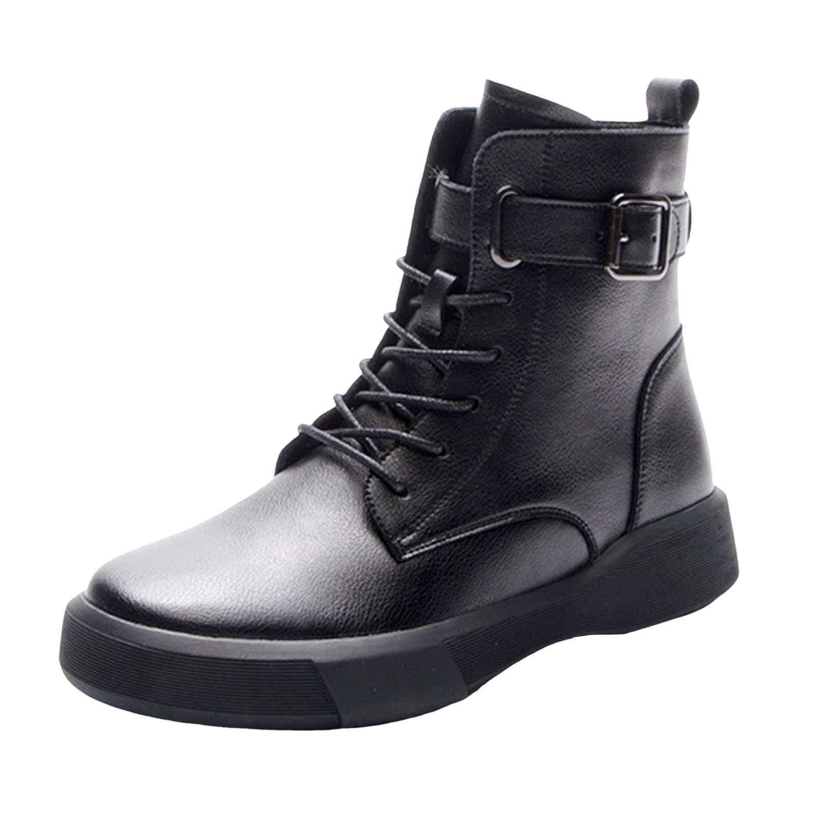 Womens Combat Boots Lace Up Belt Buckle Ankle Booties Comfortable Platform Leather Waterproof Short Riding Boots Retro Round