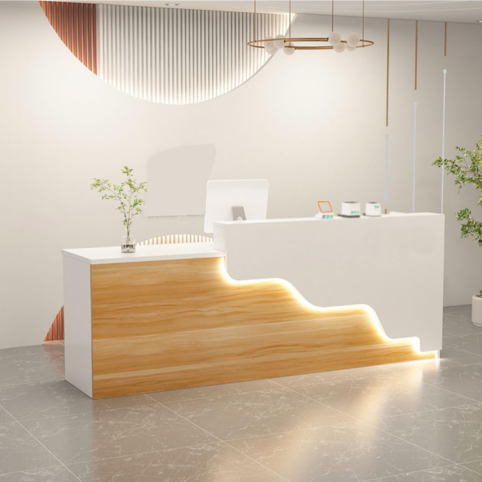 Moderne Rezeption，Rezeptionstheke Ladentheke，Rezeptionstheke Tisch，Laden-Theke，Verkaufstheke，Verstärkte Platte, Stärkere Tragfähigkeit, Große Speicherkapazität(White and Wood,Right_100CM)