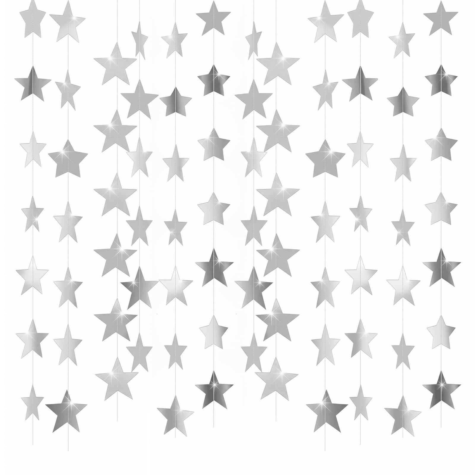 52 Feet Reflective Star Paper Garland, Sparkling Star Bunting Banner Hanging Decoration, Stars Party Garlands Streamer Kit for Birthday Holiday Wedding Anniversary Theme Party Supplies (Silver)
