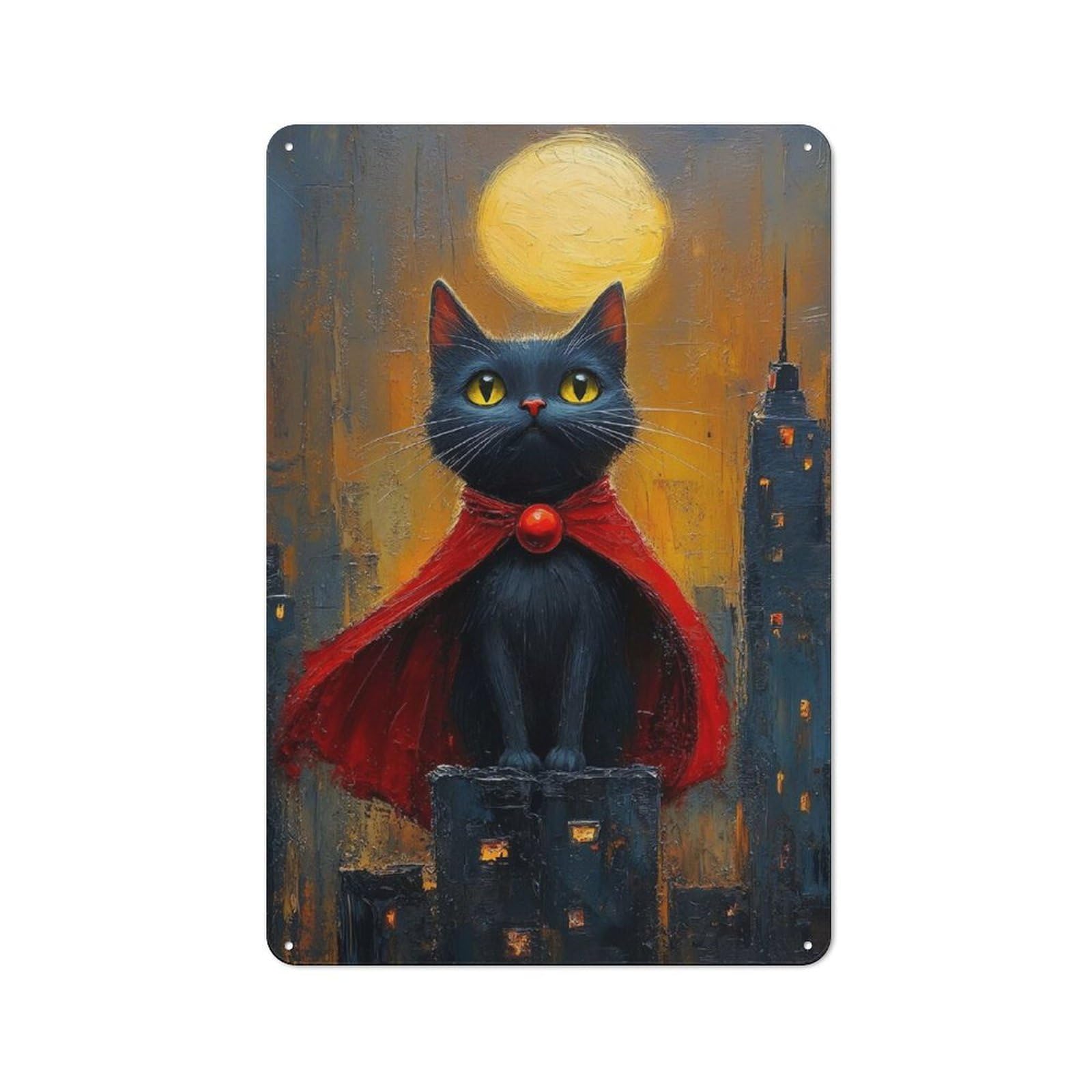 Super Cat in Cityscape Painting Cottage Metal Wall Decor 30x20cm, Shed Metal Sign for Patio Bar, Workshop, Shed Or Kitchen