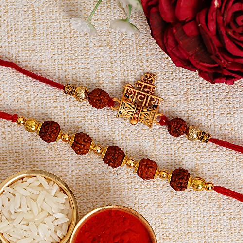 Image of eCraftIndia Set of 2 Light Blue Golden Premium Designer Rakhi for Brother Bhaiya Bhai | Roli Chawal Pack | Rakhi Combo