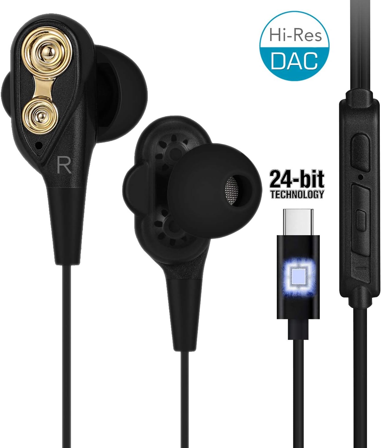 USB C Headphones, DISDIM Type C Dual Dynamic Drives In-Ear Earbud Headset with Mic, Strong Bass & Noise Cancelling Earphones for Pixel 2/ Moto Z/HTC U/Huawei P9 and more USB C Port