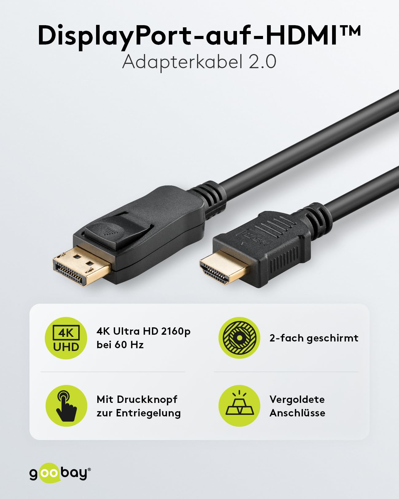 goobay 64839 - Cavo di collegamento da DisplayPort 1.2 a HDMI 2.0 / DP a HDMI/Cavo ad alta velocità 4K a 60Hz / 1 m