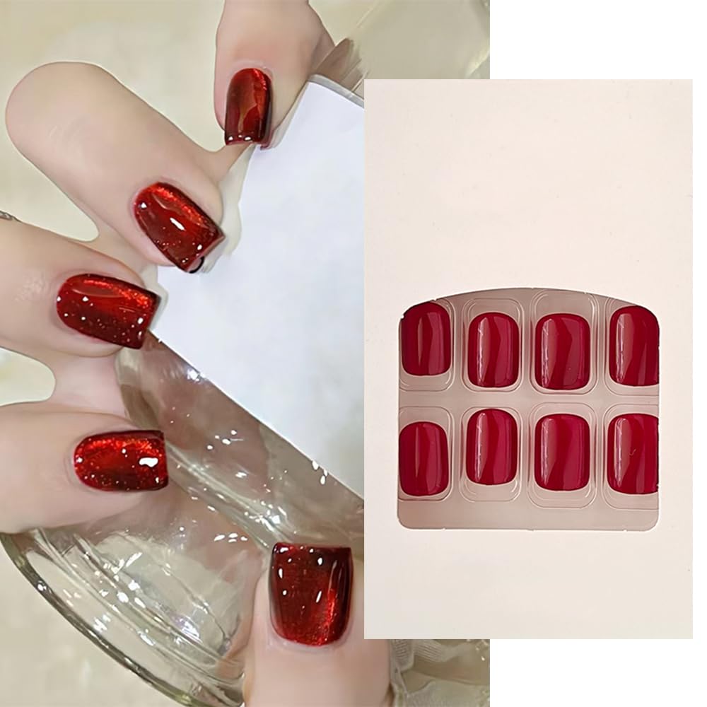 S.A.V.I 24 Pcs Short Red Cat’s Eye Glossy Press On Nails – Natural Shape – Reusable Fake Nails with Nail Glue & Adhesive Tabs – DIY Salon-Quality Manicure at Home-picture-50
