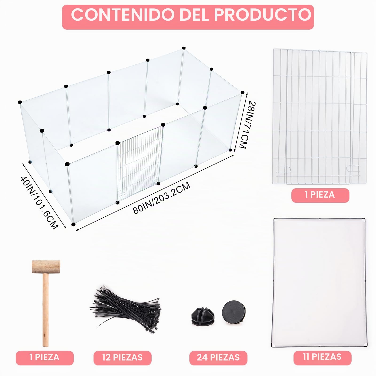 BRIAN & DANY Valla para Mascotas, Jaula para Conejos, Hámsters, Erizos, Valla para Animales Pequeños Jaula Modular, Parque con Puerta, 12 Paneles, 203 x 101 x 71 cm