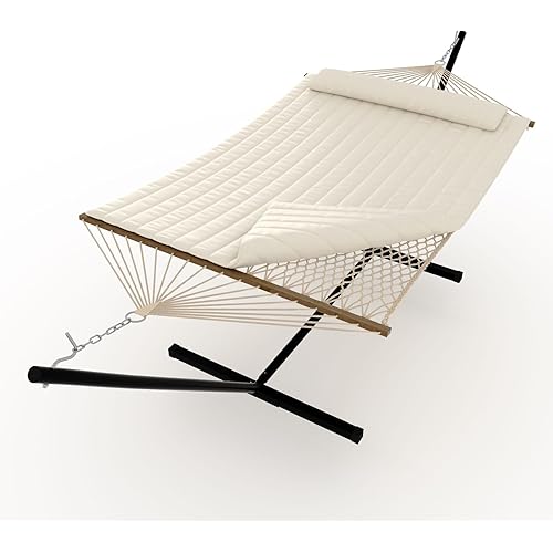 ​​2 Person Hammock with Heavy Duty 500Lb Capacity Stand - Portable Cotton Rope Hammock & Quilted Comfort Pad - Relax Together Indoor or Outdoor (Beige)​