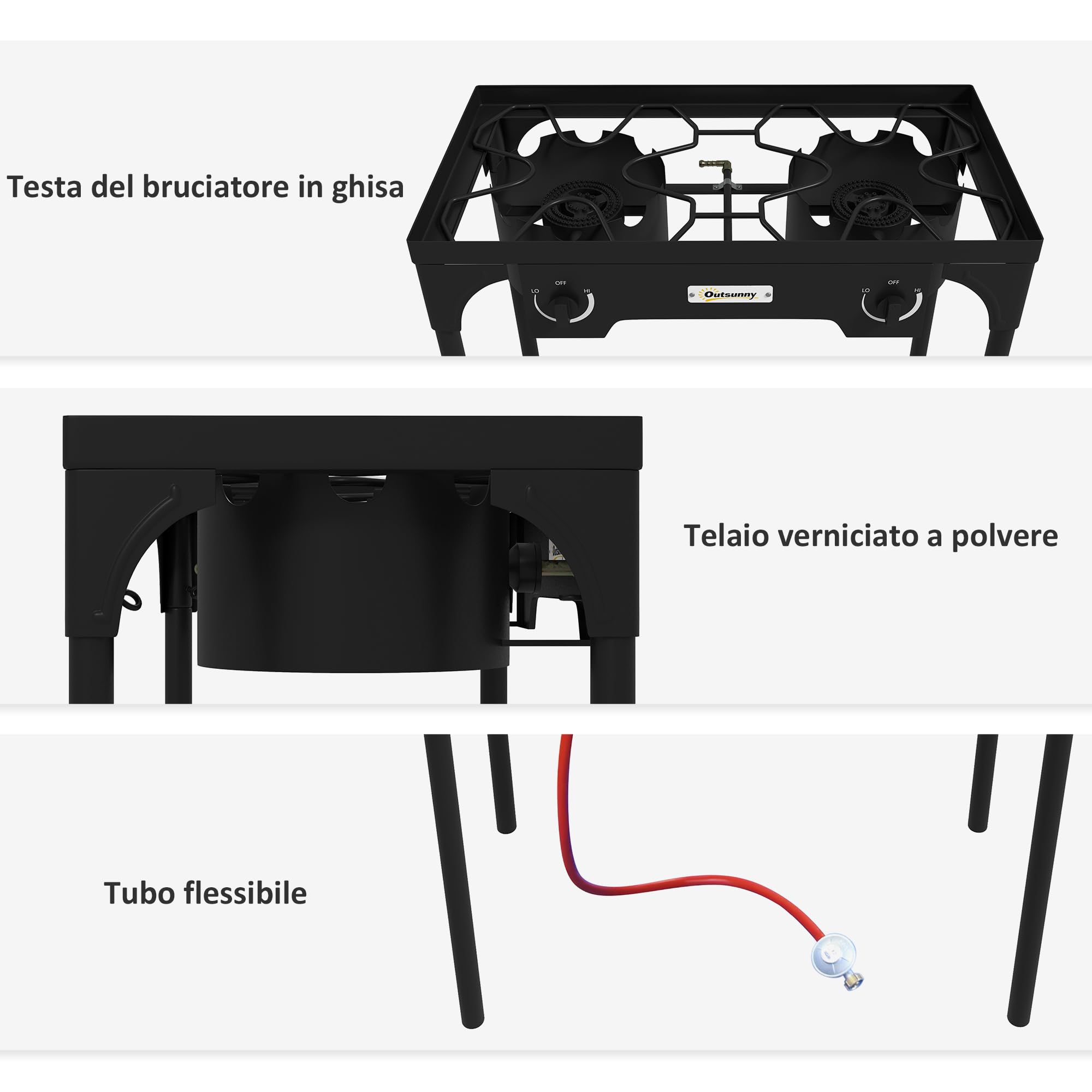 Outsunny Fornello a Gas con 2 Bruciatori 9.2 KW, Fornello da Campeggio in Metallo con Gambe Rimovibili, Nero