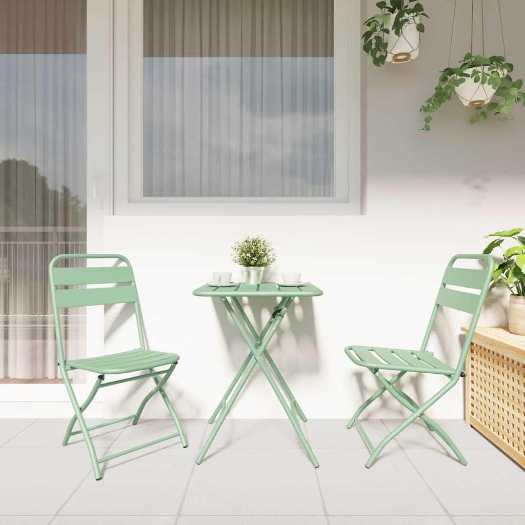 Set bistrot pieghevole in acciaio verde 3 pezzi con tavolo rettangolare e due sedie pieghevoli, design moderno per giardino, terrazza o balcone, compatto e facile da pulire.