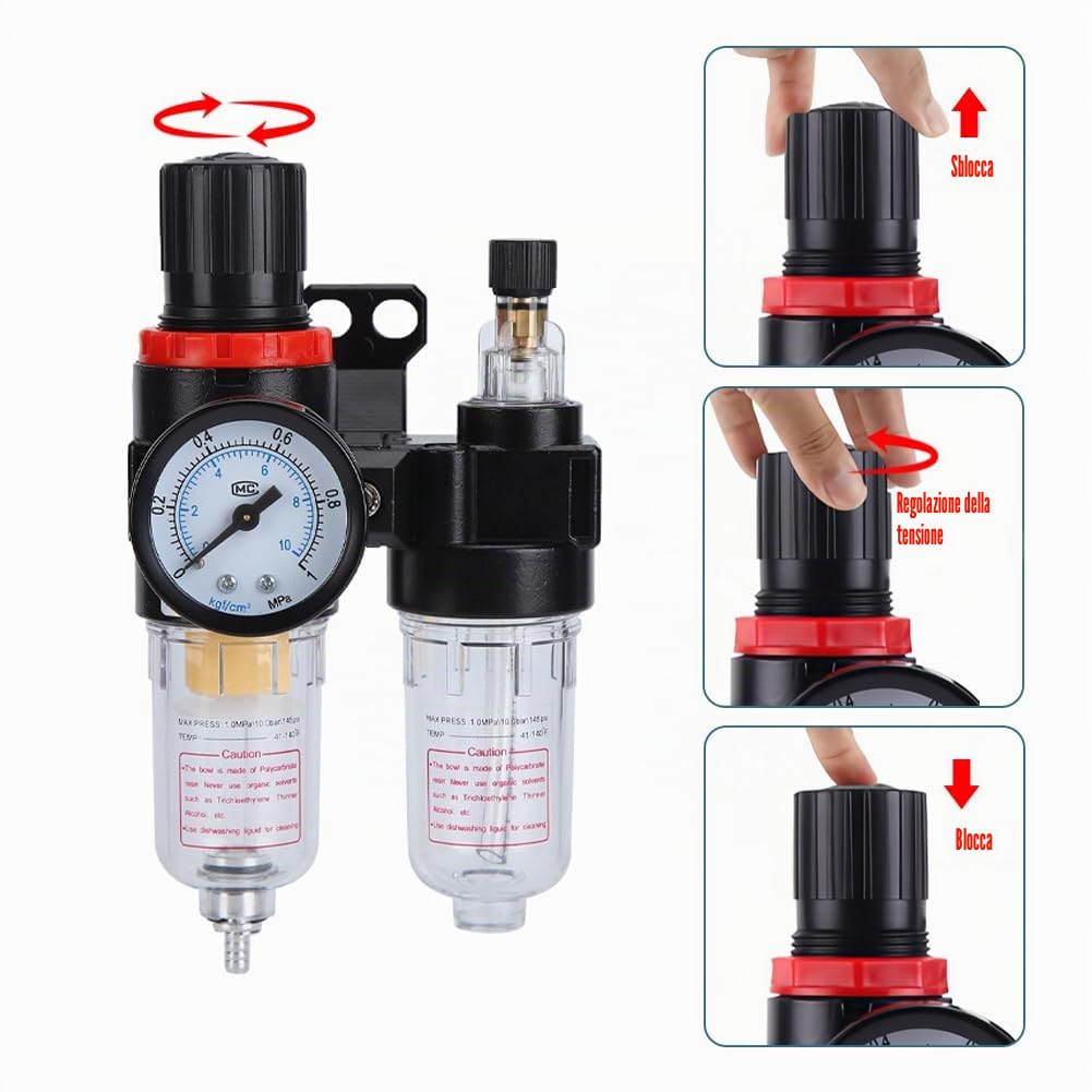Joyzan Riduttore Pressione Aria Compressa, PT 1/4 Regolatore Pressione Aria Separatore Acqua Riduttore di Compressore Pneumatico Componenti Kit Regolatore Lubrificatore Olio Gas Processore per Pistole