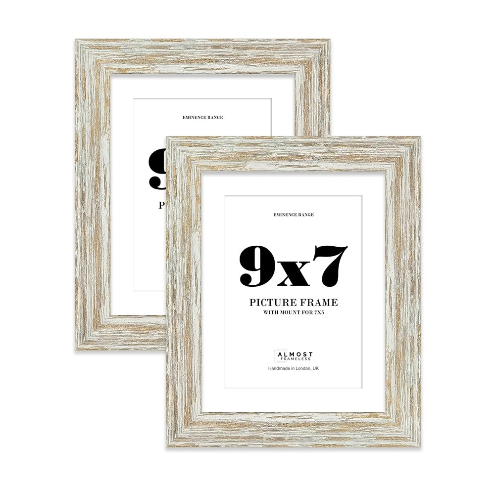 9x7" Distressed White Oak Picture Frame with 7x5" Mount - Rustic Photo Frame with Distressed Finish, Wall Hooks and Kickstand, 32mm Edge - 2 Pack