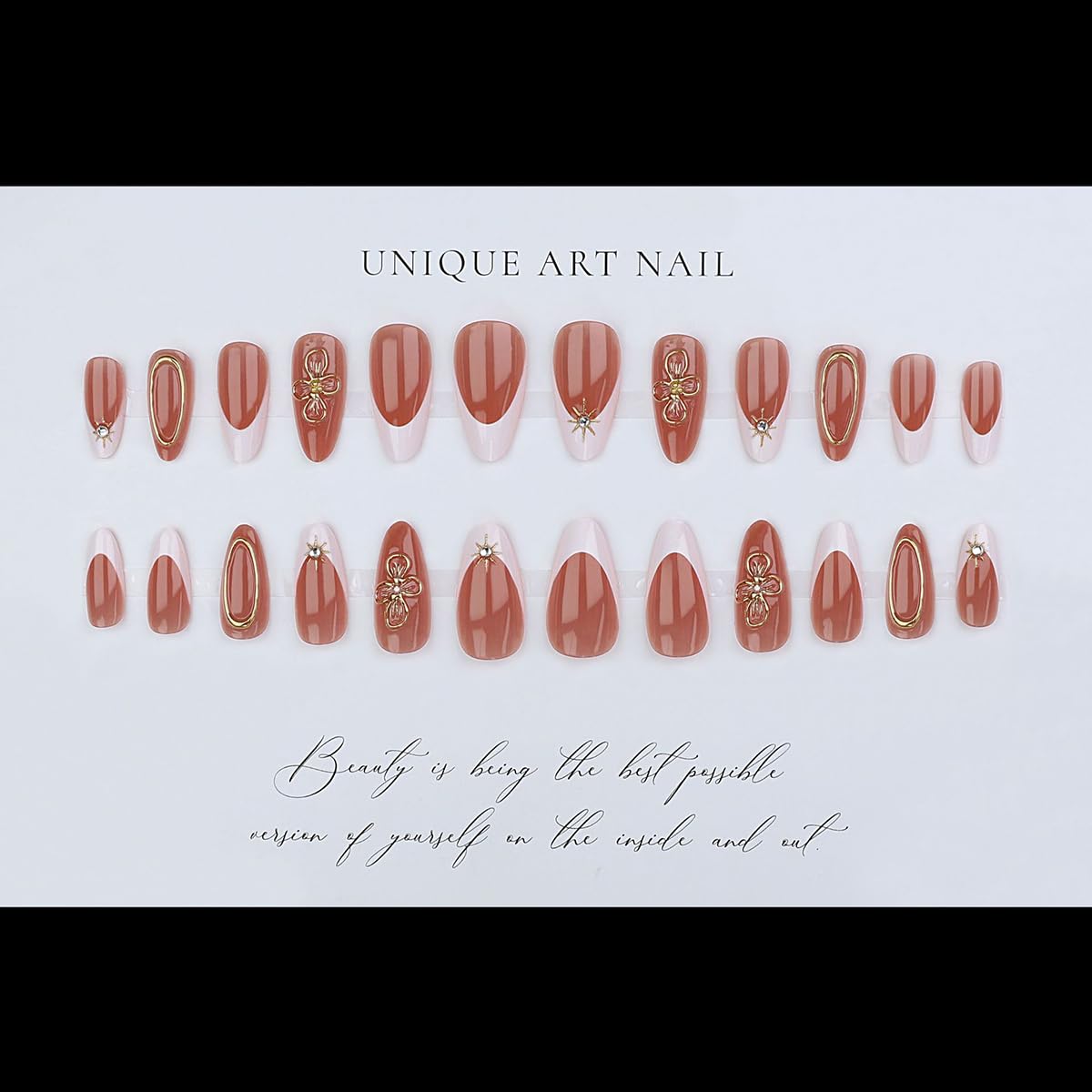 French Tip Almond Press On Nails With 3d Gild Cross Charms Kit_voghion.com