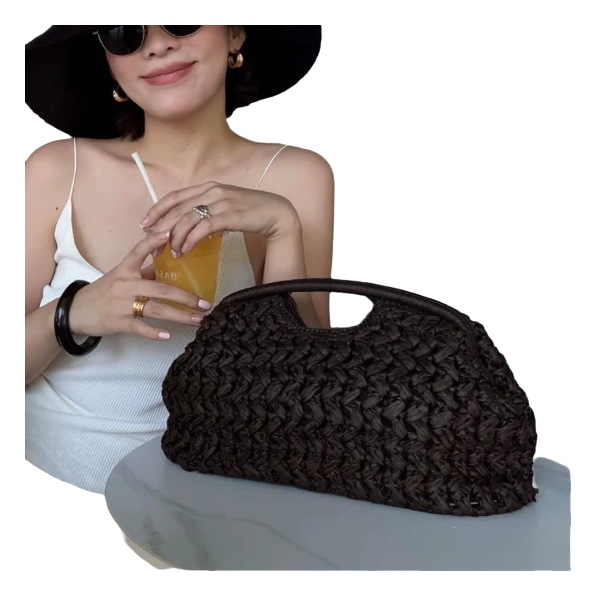 Strohtasche Damen Sommer Frauen Strandtasche Clutch Handtasche Tote Tasche Mode Gewebt Rattan Reisetasche-Black