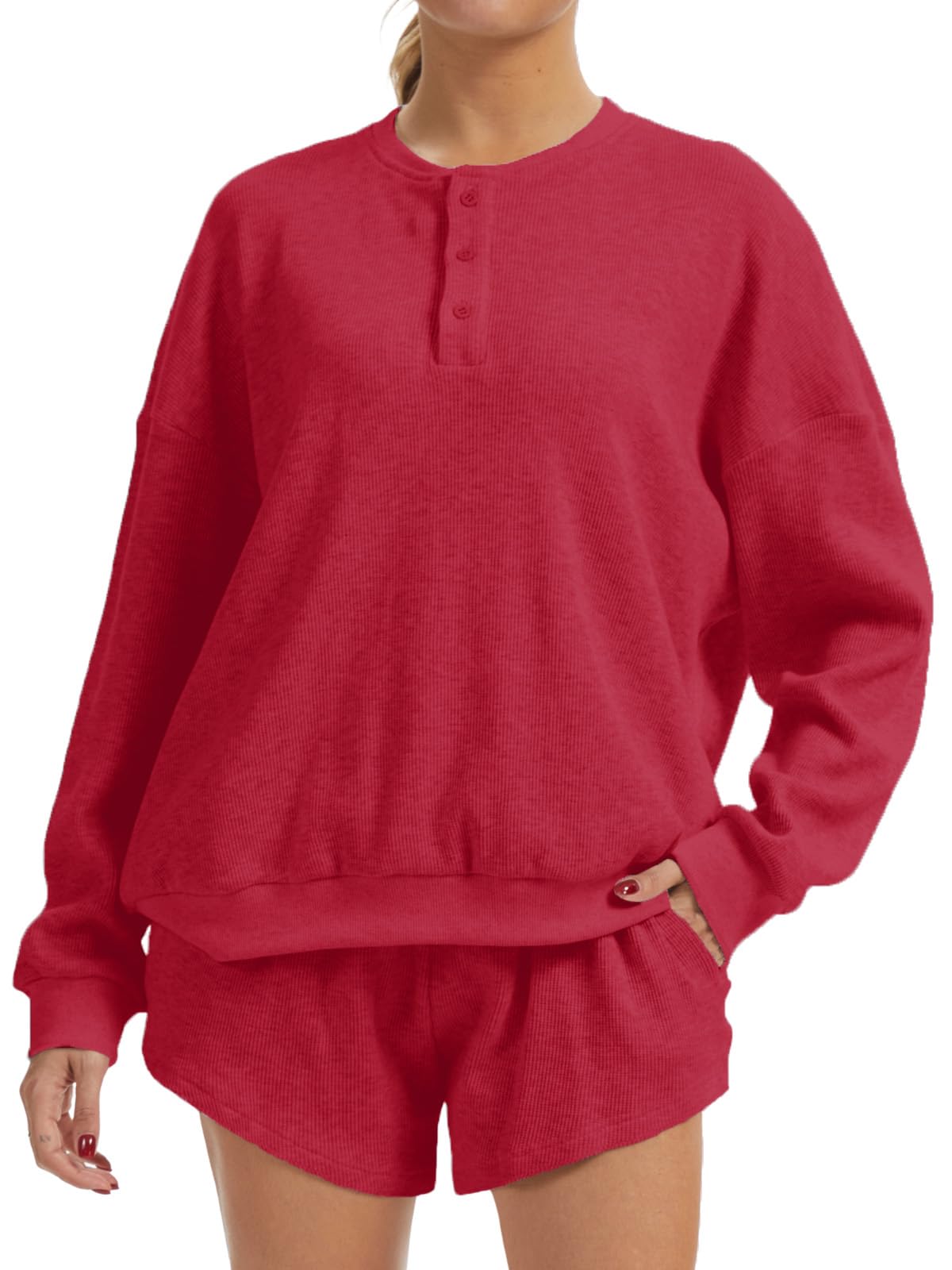 Women's Oversized Waffle Knit Lounge Set, Long Sleeve Sweatshirt and Shorts with High Waist, 2 Piece Casual Outfit-image-25
