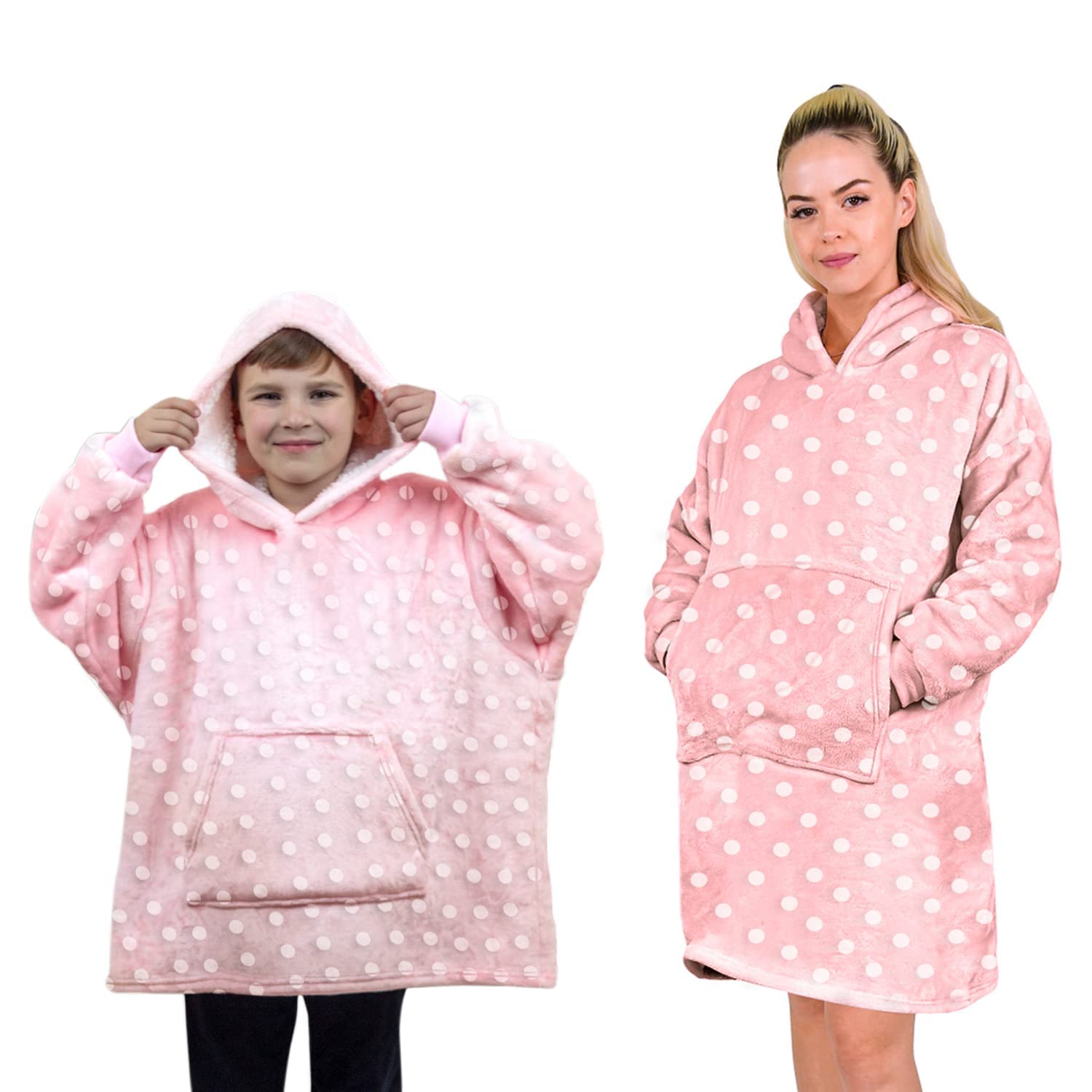 ALLEN & MATE Hoodie Blanket Ultra Soft Warm Cosy Sherpa Fleece Oversized Sweatshirt for Boys Girls Teens Women Men Adults (Pink Dot, 9-14 Years)