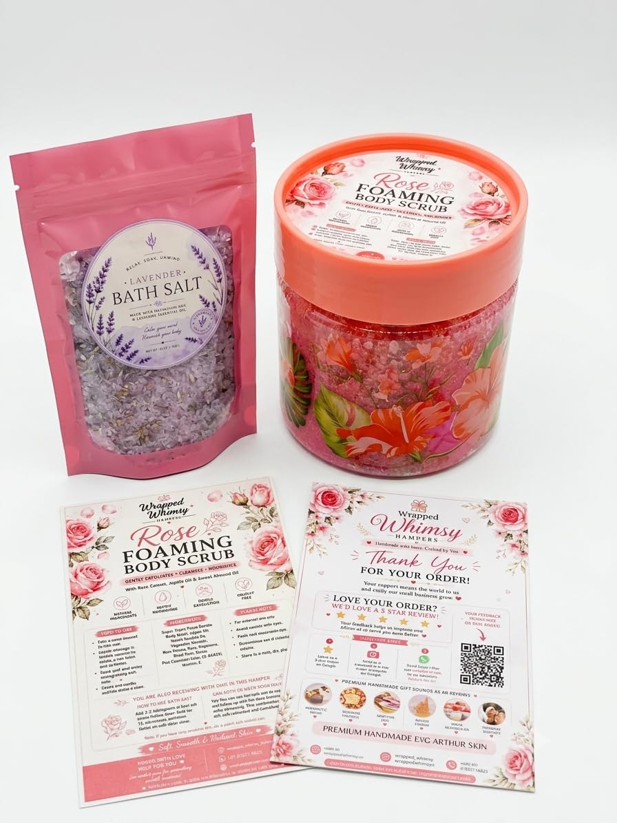 Wrapped Whimsy Bath & Body Spa Gift Hamper for Men and Women - Rose Foaming Body Scrub & Lavender Bath Salt Set - Self Care Beauty Box for Rakhi, Friendship Day, Teacher's Day, Teej & Festive Gifting-picture-13