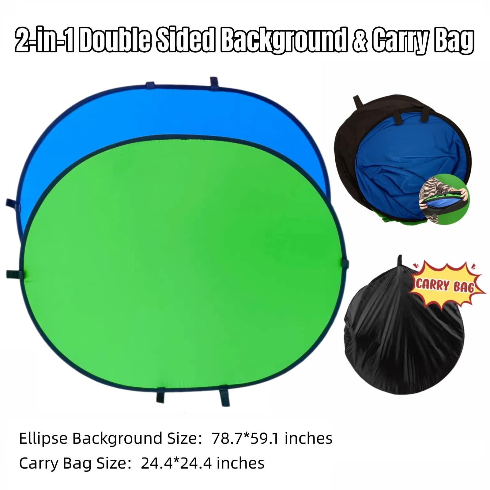 Sfondo verde con schermo blu, schermo verde su entrambi i lati, pieghevole, con supporto e borsa per il trasporto, sfondo verde portatile per lo streaming (schermo blu verde, 150 x 200 cm)