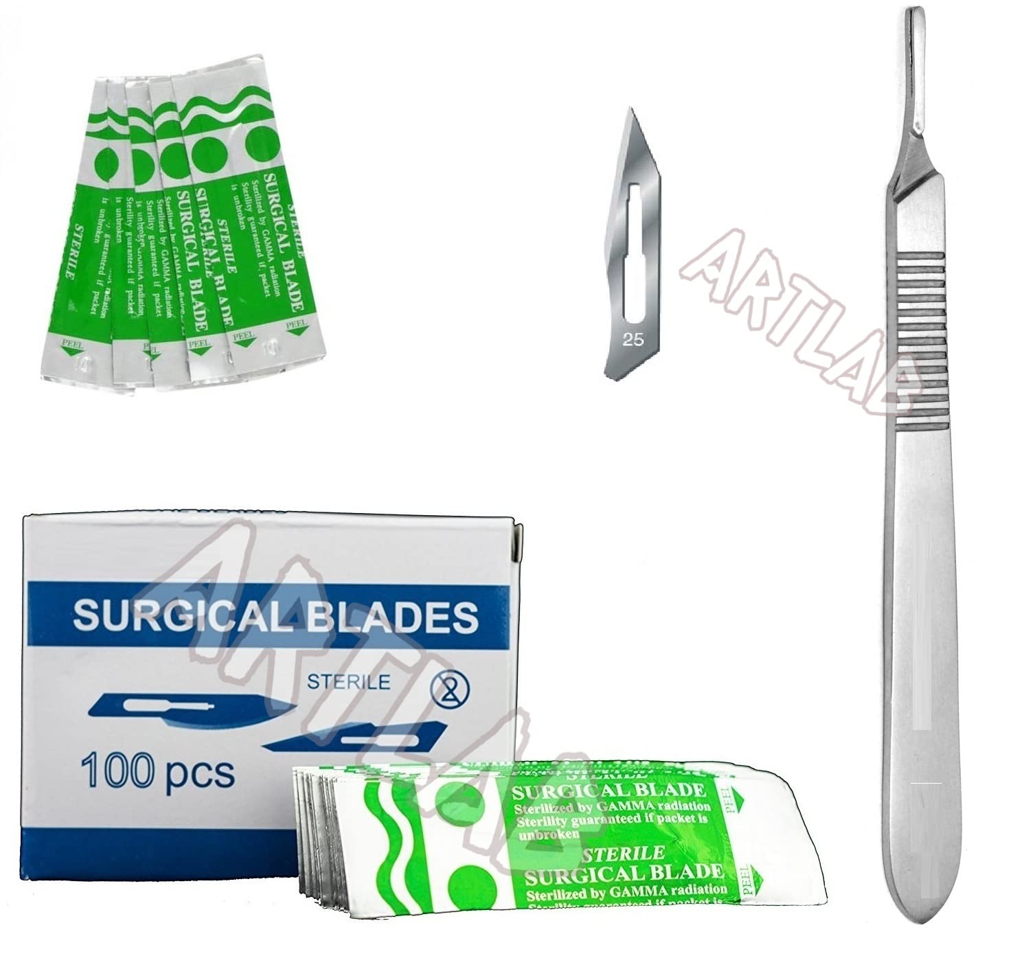 artlab-Pack of 100 Scalpel Blades #10,Scalpel Blades for Knife Scalpel, High Carbon Steel Dermablade Scalpel Blades. Individually Wrapped, Sterile +Free Handle (#25 PACK OF 100+HANDLE)